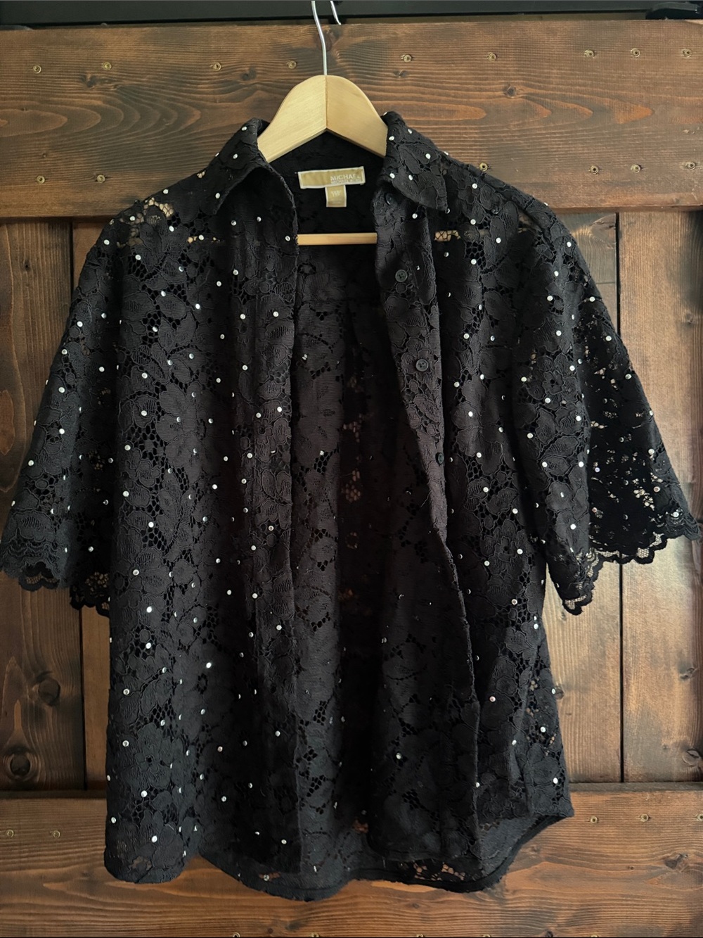 Michael Kors Black Floral Lace Button-Down Shirt with Sequin Details